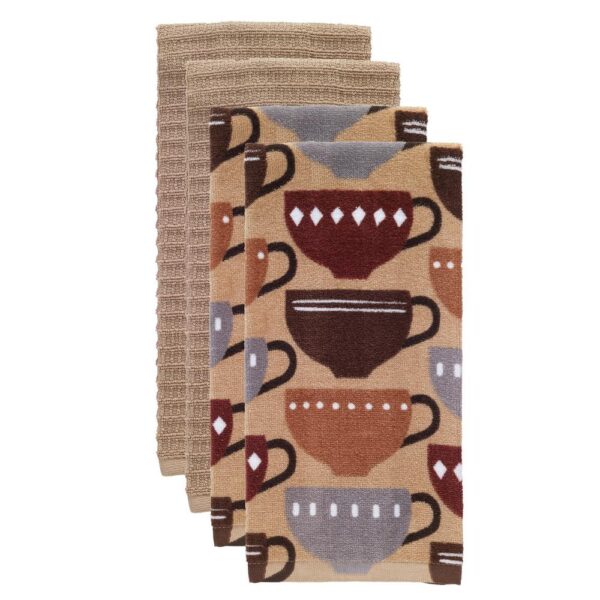 RITZ T-fal Multicolor Coffee Cotton Fiber Reactive Print and Solid Kitchen Dish Towel (Set of 4)