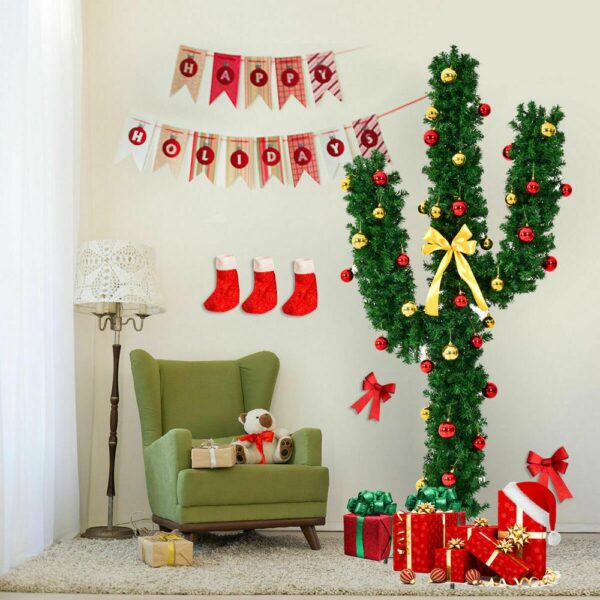 Costway 7 ft. Pre-Lit Cactus Artificial Christmas Tree with LED Lights and Ball Ornaments