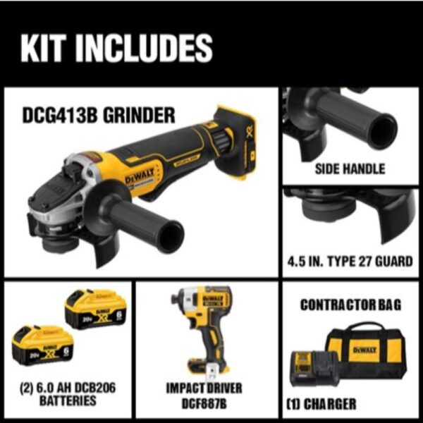 DEWALT 20-Volt MAX XR Cordless Brushless 4-1/2 in. Small Angle Grinder, (2) 20-Volt 6.0Ah Batteries & 1/4 in. Impact Driver