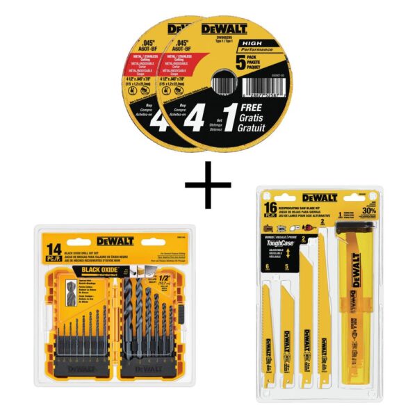DEWALT 4-1/2 in. x .045 in. x 7/8 in. Metal & Stainless Cutting Wheel (10-Pack) with Black & Gold Drill Bit Set (14-Piece)