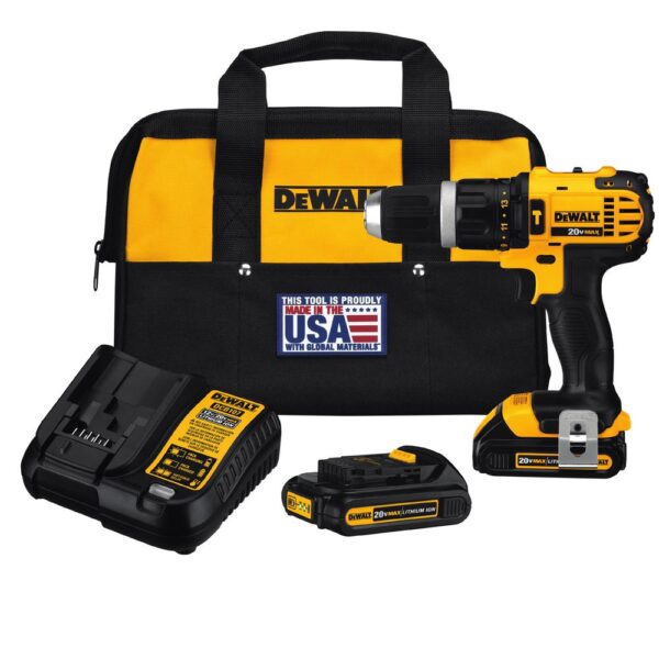 DEWALT 20-Volt MAX Cordless Compact 1/2 in. Hammer Drill/Driver, (2) 20-Volt 1.3Ah Batteries, Charger, Bag & Cross Line Laser