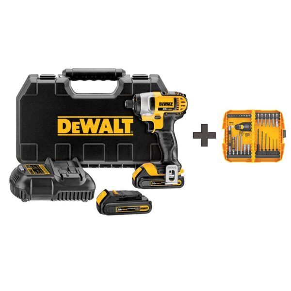 DEWALT 20-Volt MAX Cordless 1/4 in. Impact Driver, (2) 20-Volt 1.3Ah Batteries, Charger, Bag & 28-Pieces Screwdriving Set