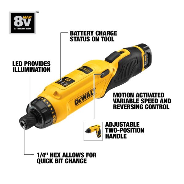 DEWALT 8-Volt MAX Cordless Gyroscopic Screwdriver with Adjustable Handle, (1) 1.0Ah Battery, Charger & Bag