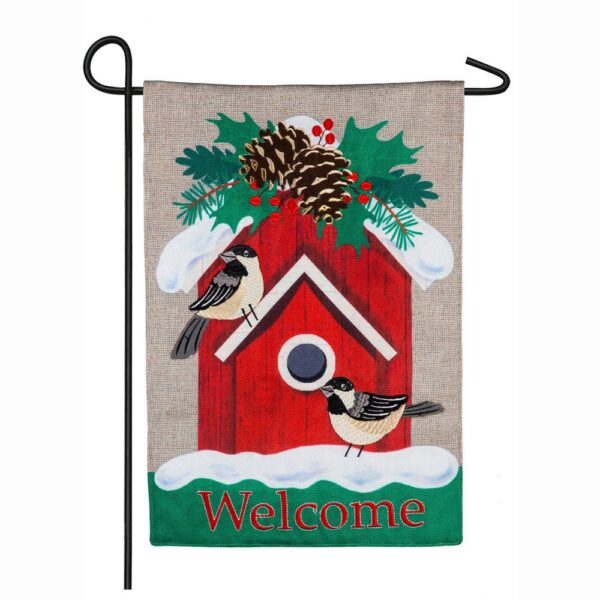Evergreen 18 in. x 12.5 in. Holiday Chickadee Birdhouse Garden Burlap Flag