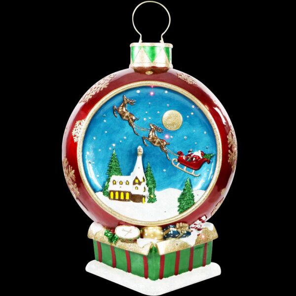 Fraser Hill Farm 34.5 in. Christmas Musical Santa and Flying Sleigh Ornament in Red with Long-Lasting LED Lights