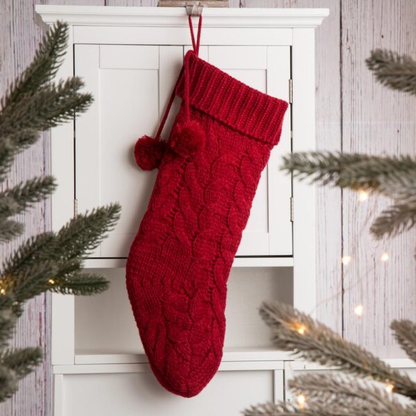 Glitzhome 24 in. H Knitted Polyester Christmas Stocking with Pom Ball-Red