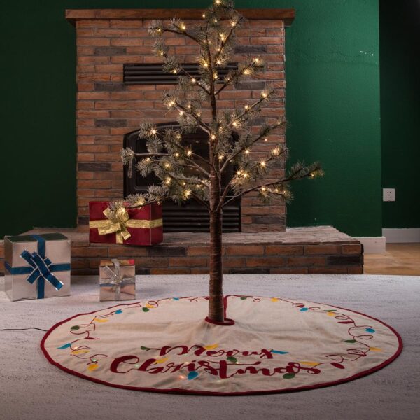 Glitzhome 48 in. D LED Embroidered Linen Christmas Tree Skirt - Merry Christmas