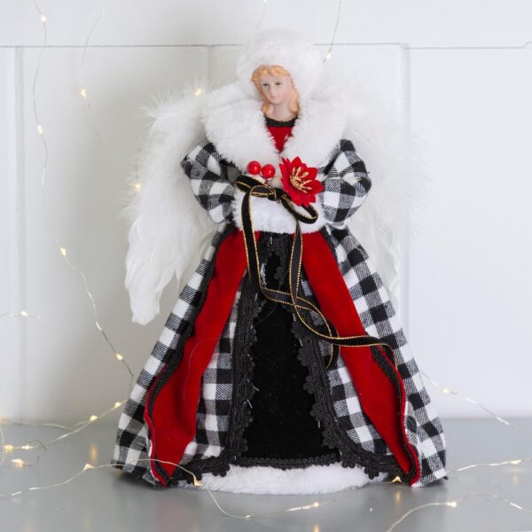 Glitzhome 12 in. H Black and White Plaid Angel Tree Top