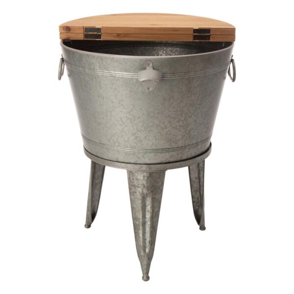 Glitzhome 26.29 in. H Gray Galvanized Beverage Tub with Metal Stand or Accent Table with Firwood Lid