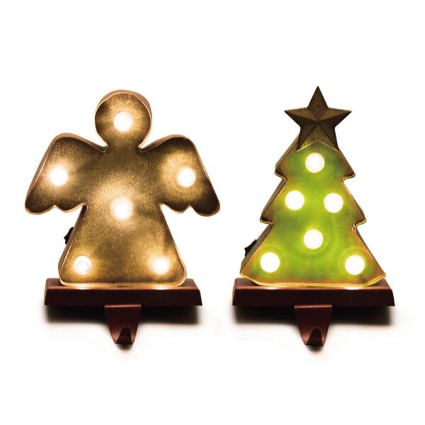 Glitzhome 4.92 in. L x 3.54 in. W x 7.48 in. H Marquee LED Angel and Tree Stocking Holder Set of 2