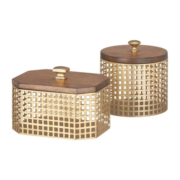 Home Decorators Collection Home Decorators Collection Round and Octagonal Gold Metal Decorative Basket with Wood Lid (Set of 2)