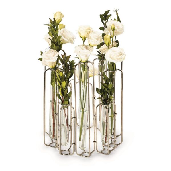 Two's Company 28 in. Wide Lavoisier Gold Stainless Steel/Glass Hinged Flower Vases (Set of 10)