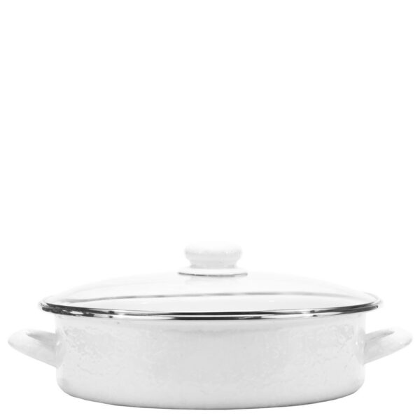 Golden Rabbit Enamelware 8 qt. Porcelain-Coated Steel Saute Pan in Solid White with Glass Lid