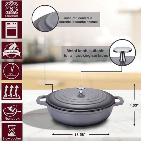 AMERCOOK LA PLURIEL 3 qt. Round Enameled Cast Iron Casserole Pan in Gray with Lid