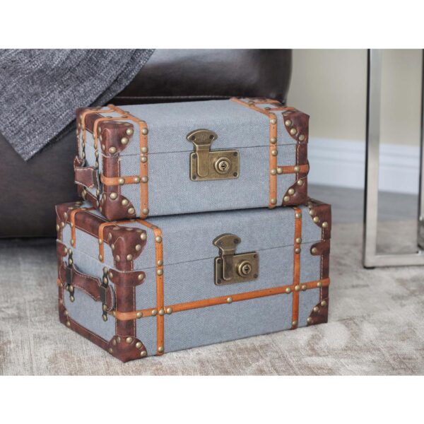 LITTON LANE Globetrotter Wood Fabric Boxes with Brown Leather Accents (Set of 2)