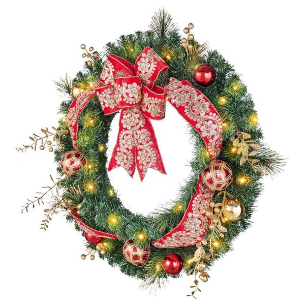 Home Accents Holiday 30 in Royal Easton Battery Operated Pine LED Pre-Lit  Artificial Wreath with Timer