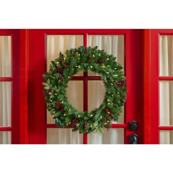 Home Accents Holiday 30 in. Winslow Fir Battery Operated Pre-lit Artificial Christmas Wreath with 175 Tips and 50 Warm White Lights