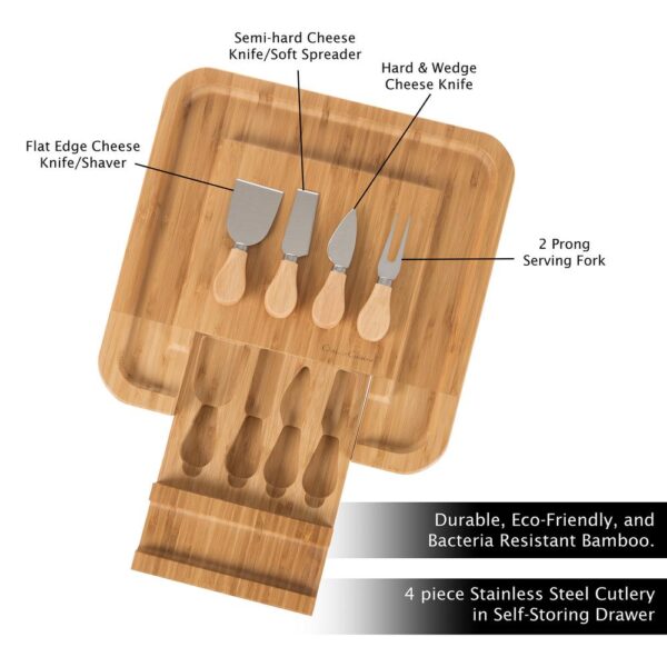 Classic Cuisine 4-Piece Bamboo Cheese Serving Tray Set with Stainless Steel Cutlery