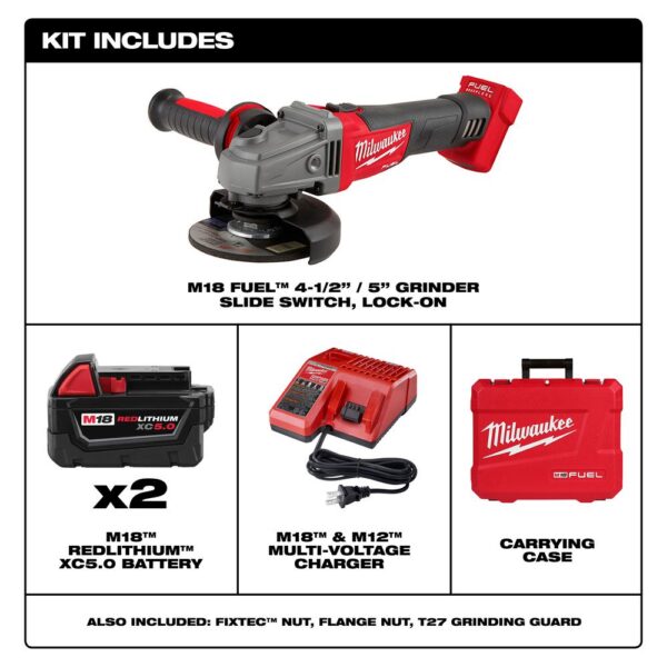 Milwaukee M18 FUEL 18-Volt Lithium-Ion Brushless Cordless 4-1/2 in./5 in. Grinder with Slide Switch Kit with Two 5.0Ah Batteries