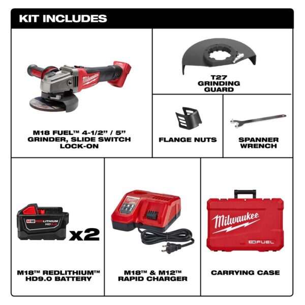 Milwaukee M18 FUEL 18-Volt Lithium-Ion Brushless Cordless 4-1/2 in./5 in. Grinder, Slide Switch Lock-On Kit W/(2) 9.0Ah Batteries