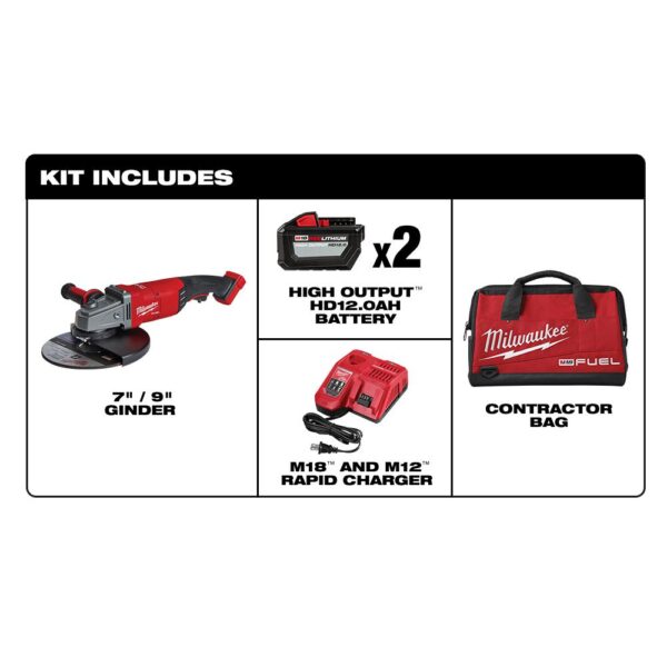 Milwaukee M18 FUEL 18-Volt Lithium-Ion Brushless Cordless 7/9 in. Grinder Kit W/ (2) 12.0Ah Batteries, Bag & Rapid Charger
