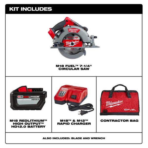 Milwaukee M18 FUEL 18-Volt Lithium-Ion Brushless Cordless 7-1/4 in. Circular Saw Kit with One 12.0Ah Battery, Charger, Tool Bag