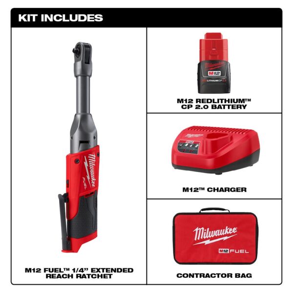 Milwaukee M12 FUEL 12-Volt Lithium-Ion Brushless Cordless 1/4 in. Extended Reach Ratchet Kit with One 2.0 Ah Batteries