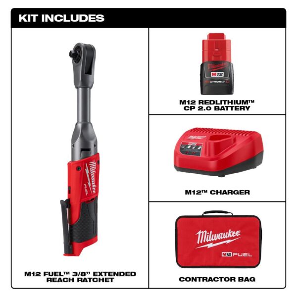 Milwaukee M12 FUEL 12-Volt Lithium-Ion Brushless Cordless 3/8 in. Extended Reach Ratchet Kit with One 2.0 Ah Batteries