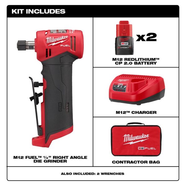 Milwaukee M12 FUEL 12-Volt Lithium-Ion Brushless Cordless 1/4 in. Right Angle Die Grinder Kit w/ (2) 2.0Ah Batteries