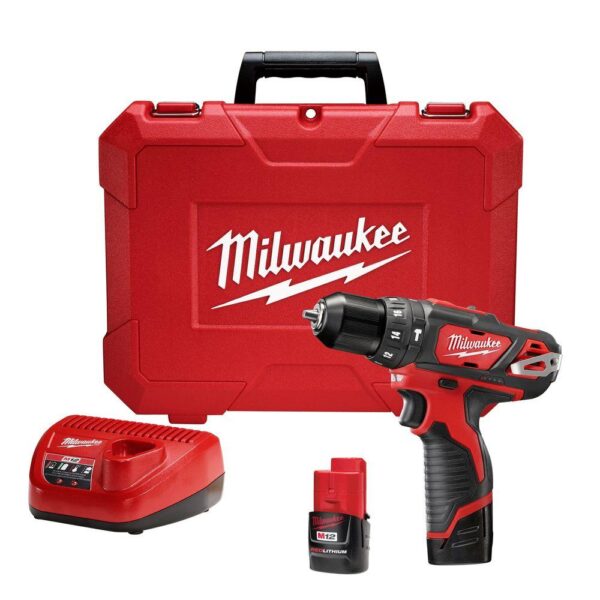 Milwaukee M12 12-Volt Lithium-Ion Cordless 3/8 in. Hammer Drill/Driver Kit with Two 1.5 Ah Batteries and Hard Case