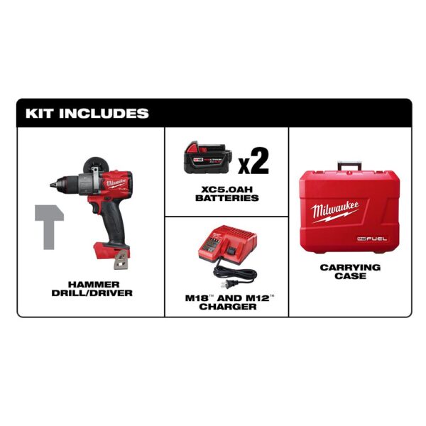 Milwaukee M18 Fuel 18-Volt Lithium-Ion Brushless Cordless 1/2 in. Hammer Drill Driver Kit with Two 5.0 Ah Batteries and Hard Case