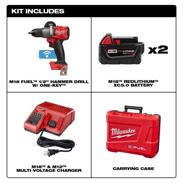 Milwaukee M18 FUEL ONE-KEY 18-Volt Lithium-Ion Brushless Cordless 1/2 in. Hammer Drill/Driver Kit with Two 5.0 Ah Batteries