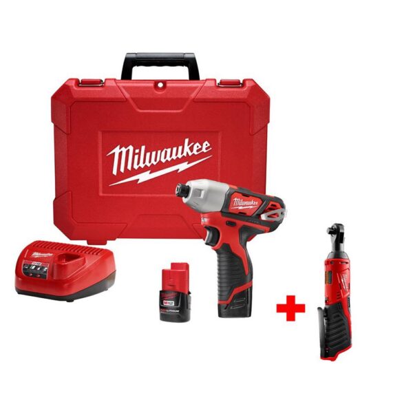 Milwaukee M12 12-Volt Cordless 1/4 in. Hex Impact Driver Combo Kit with Free M12 3/8 in. Ratchet (Tool-Only)