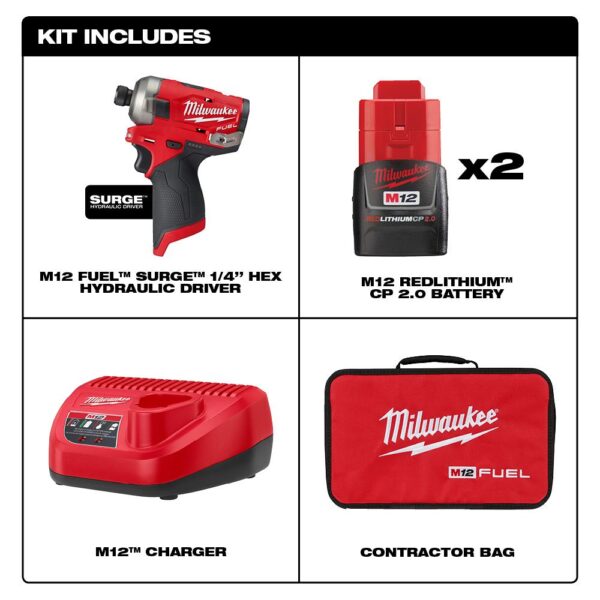 Milwaukee M12 FUEL SURGE 12-Volt Lithium-Ion Brushless Cordless 1/4 in. Hex Impact Driver Compact Kit with  M12 Flood Light