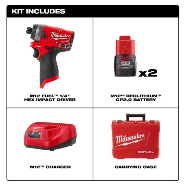 Milwaukee M12 FUEL 12-Volt Lithium-Ion Brushless Cordless 1/4 in. Hex Impact Driver Kit w/Two 2.0Ah Batteries, Charger&Hard Case