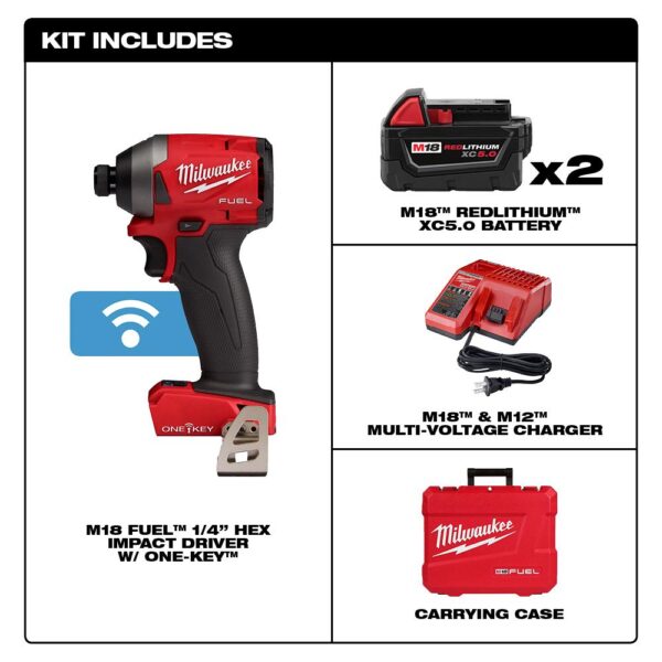 Milwaukee M18 FUEL ONE-KEY 18-Volt Lithium-Ion Brushless Cordless 1/4 in. Hex Impact Driver Kit with(2) 5.0Ah Batteries, Hard Case
