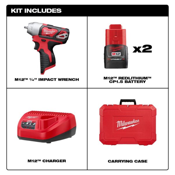 Milwaukee M12 12-Volt Lithium-Ion Cordless 1/4 in. Impact Wrench Kit W/ (2) 1.5Ah Batteries, Charger & Hard Case