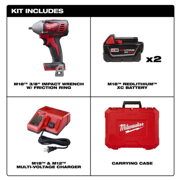 Milwaukee M18 18-Volt Lithium-Ion Cordless 3/8 in. Impact Wrench W/ Friction Ring Kit W/(2) 3.0Ah Batteries, Charger, Hard Case