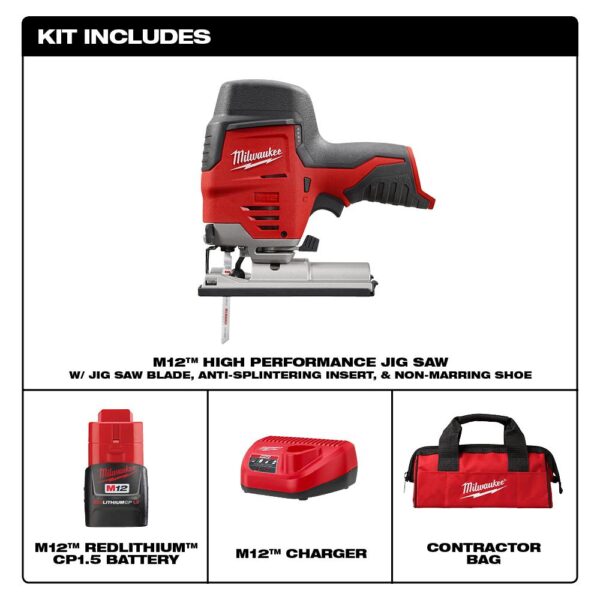 Milwaukee M12 12-Volt Lithium-Ion Cordless Jig Saw Kit with One 1.5 Ah Battery, Charger, Tool Bag