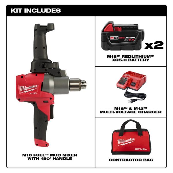Milwaukee M18 FUEL 18-Volt Lithium-Ion Brushless Cordless 1/2 in. Mud Mixer Kit W/(2) 5.0Ah Batteries, Charger & Tool Bag