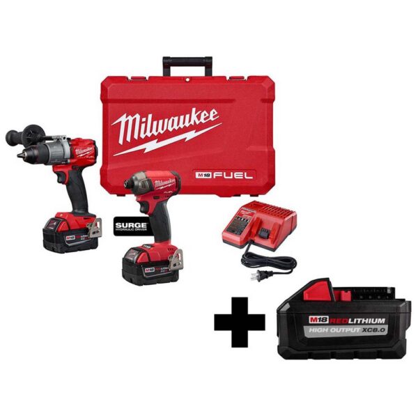 Milwaukee M18 FUEL 18-Volt Lithium-Ion Brushless Cordless Surge Impact/Hammer Drill Combo Kit with HIGH OUTPUT 8.0Ah Battery