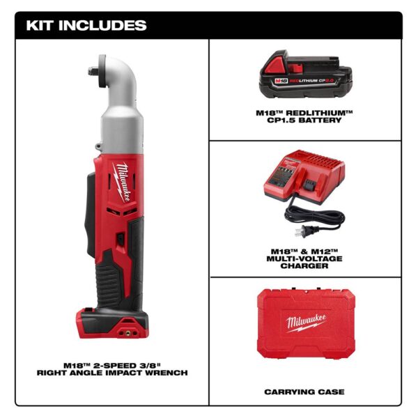 Milwaukee M18 18-Volt Lithium-Ion Cordless 3/8 in. 2-Speed Right Angle Impact Wrench Kit W/(1) 1.5Ah Batteries, Charger, Hard Case
