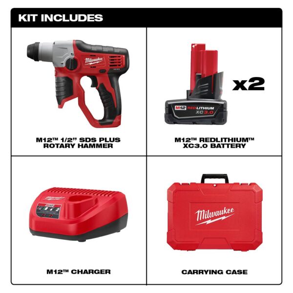 Milwaukee M12 12-Volt Lithium-Ion Cordless 1/2 in. SDS-Plus Rotary Hammer with (2) 3.0Ah Batteries, Charger & Case