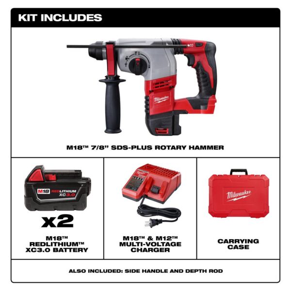 Milwaukee M18 18-Volt Lithium-Ion Cordless 7/8 in. SDS-Plus Rotary Hammer Kit W/(2) 3.0Ah Batteries, Charger, Hard Case