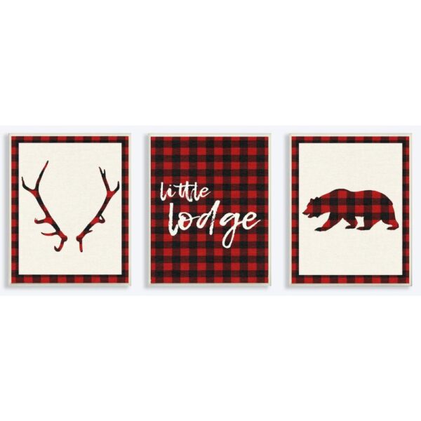 Stupell Industries 10 in. x 15 in. "Little Lodge Antler Bear Plaid" by Daphne Polselli Printed Wood Wall Art 3-Piece