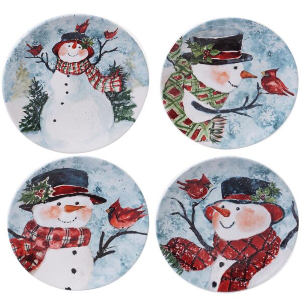 Certified International Watercolor Snowman 4-Piece Holiday Multicolored Earthenware 9 in. Dessert Plate Set (Service for 4)