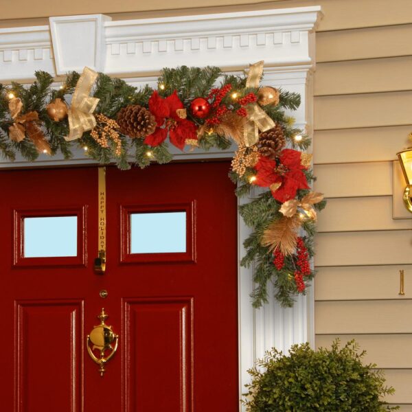 National Tree Company 6 ft. Decorative Garland with Ornaments, Berries, Cones Red Ribbon, Poinsettias and 20 LED Lights