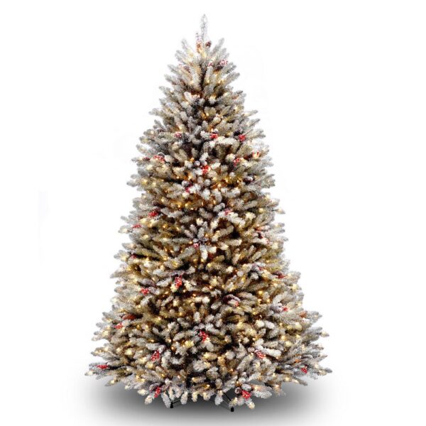 National Tree Company 7-1/2 ft. Dunhill Fir Hinged Tree with Snow, Red Berries, Cones and 750 Clear Lights