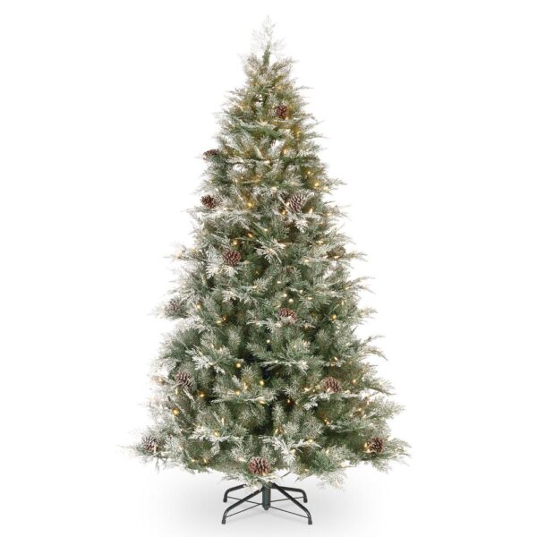 National Tree Company 7-1/2 ft. Feel Real Frosted Mountain Spruce Hinged Tree with Cones and 750 Clear Lights and PowerConnect