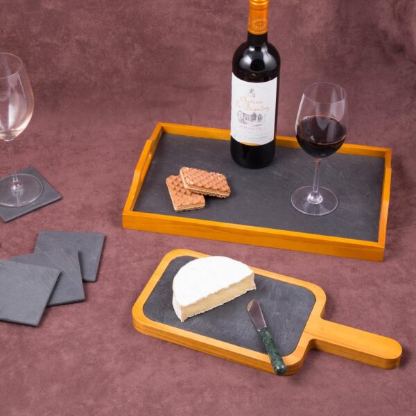 Creative Home 14.4 in. x 6.5 in. Natural Finish Pine Wood with Slate Insert Paddle Cheese Board Serving Board